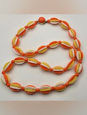 Vintage 1960s Plastic Bead Necklace Hong Kong Mod Striped Orange Yellow White